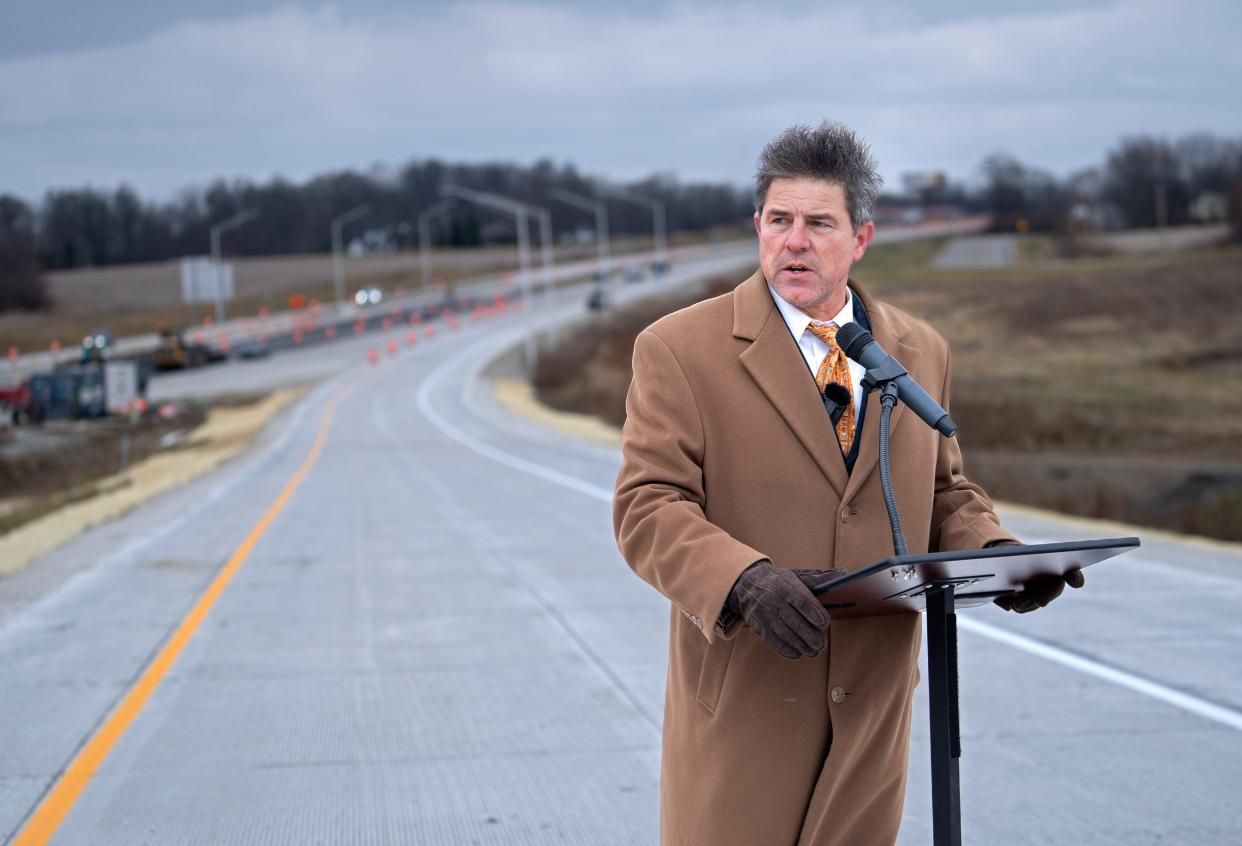 Sen. Rodric Bray, R-Martinsville, speaks during a press conference Friday, Dec. 16, 2022 at the I-69/S.R. 144 interchange. This week, he assigned a transgender youth bill to the Senate Rules Committee, effectively scuttling it.