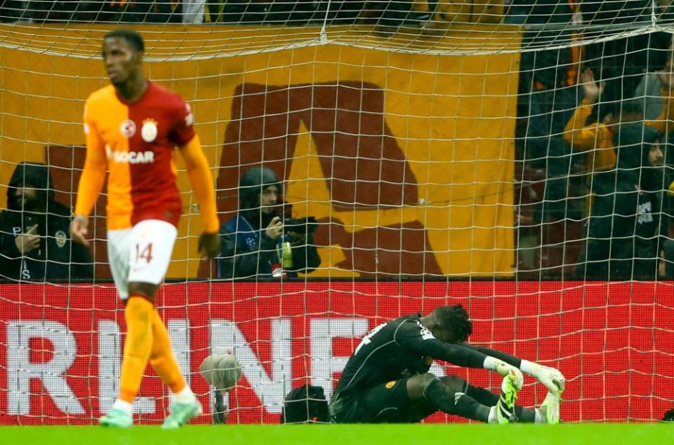 André Onana cuts a disconsolate figure after his error enables Galatasaray to pull the score back to 3-2