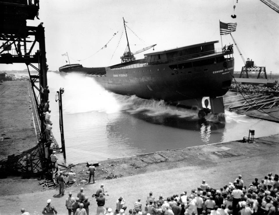 The largest and longest vessel ever built on the Great Lakes, the 729-foot ore carrier SS Edmund Fitzgerald, slides into the launching basin, on June 7, 1958, in River Rouge, Michigan. Two more months of interior work remained before the $8 million ship would be put into service. The ship's capacity would be 26,000 tons and speed up to 16 mph. The ship was owned by Milwaukee-based Northwestern Mutual Life Insurance Co., and named for the company's chairman of the board.