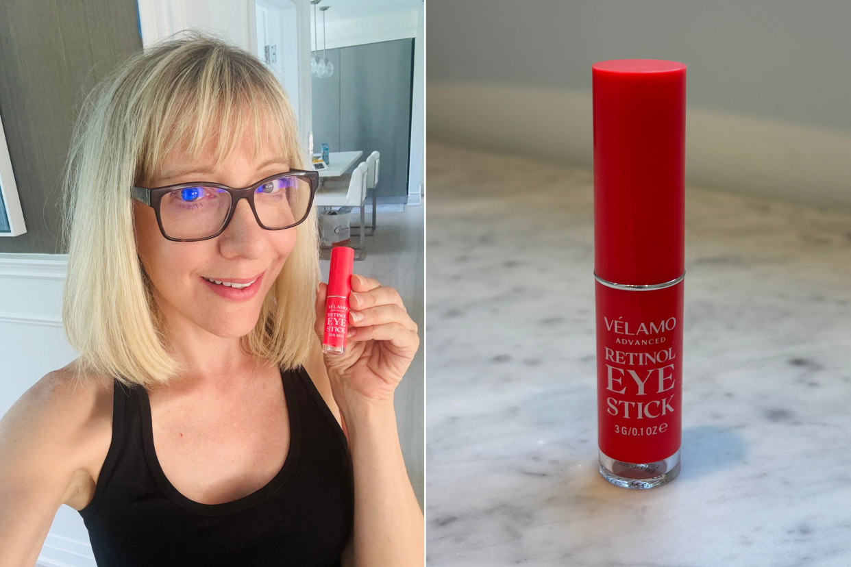 blonde woman wearing glasses holding pink retinol eye stick, Retinol Eye Stick, Retinol Eye Cream for Dark Circles and Puffiness, Under Eye Cream Anti Aging, Eye Brightener Stick, Eye Cream for Wrinkles, Brightening Eye Cream for Puffiness and Bags under Eyes, Brightening Eye Balm Reduces Fine Lines and Dark Circles