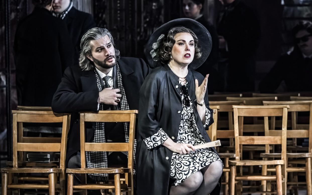 Andrew Manea as Scarpia and Francesca Toburzi as Tosca in The Grange Festival's production of Puccini's Tosca, June 2024