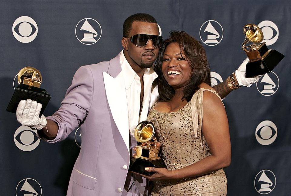 Kanye West and his mom, Donda West, pose in the press room at the Grammy Awards on February 8, 2006. (Photo: Kevin Winter/Getty Images)