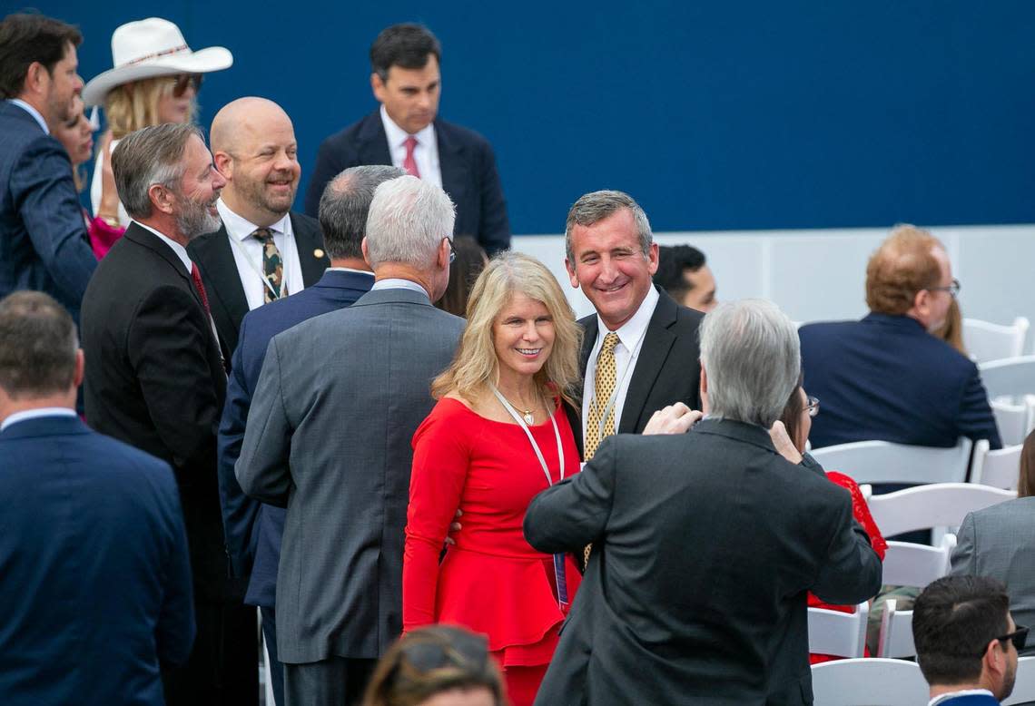 Mary Mayhew, center, president and CEO of the Florida Hospital Association and former secretary for the Florida Agency for Health Care Administration, attends Gov. Ron DeSantis’ inauguration ceremony on Tuesday, Jan. 3, 2023, in Tallahassee, Fla.