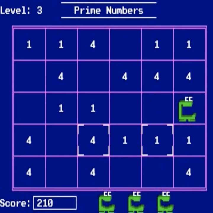 The middle of a number munchers game, featuring a green figure chomping on numbers