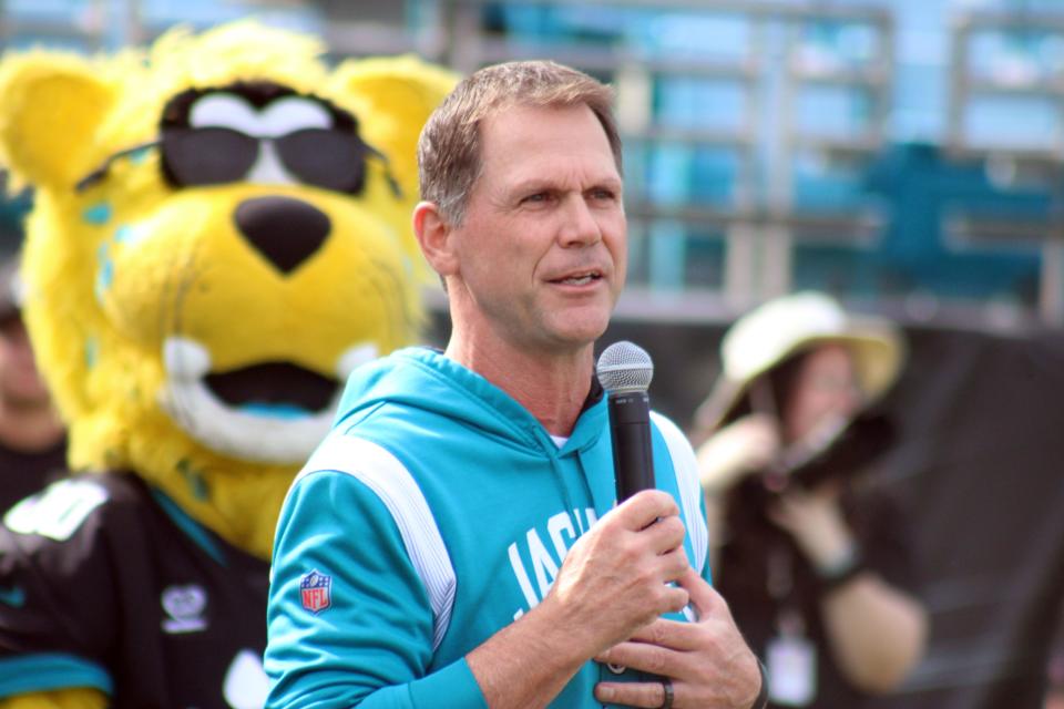 Jacksonville Jaguars general manager Trent Baalke speaks to assembled players at the Jaguars Prep Girls Flag Football Preseason Classic at TIAA Bank Field on February 20, 2023. [Clayton Freeman/Florida Times-Union]