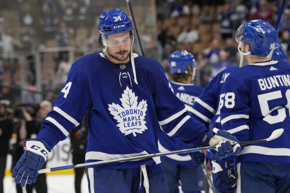 Toronto Maple Leafs center Auston Matthews (34) reacts after Game 7 in an NHL hockey first-round playoff series against the Tampa Bay Lightning in Toronto, Saturday, May 14, 2022. (Frank Gunn/The Canadian Press via AP)