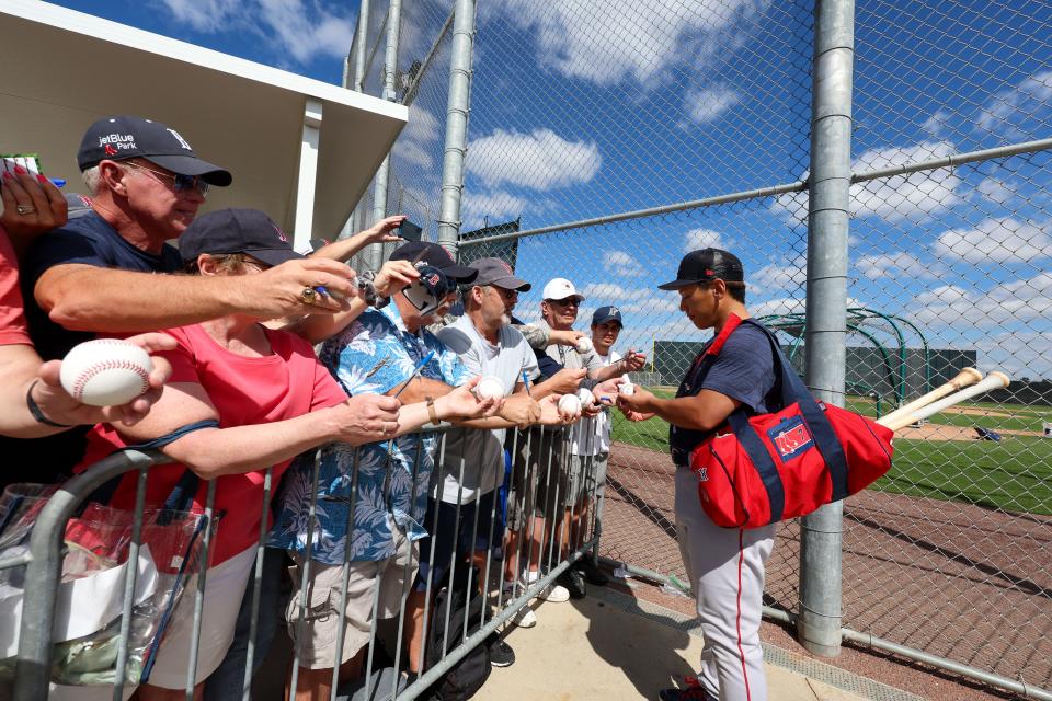 Feb 15, 2023; Fort Myers, FL, USA;  Boston Red Sox center fielder Masataka Yoshida (7) participates in spring training workouts at Fenway South Player Development Complex. Mandatory Credit: Nathan Ray Seebeck-USA TODAY Sports