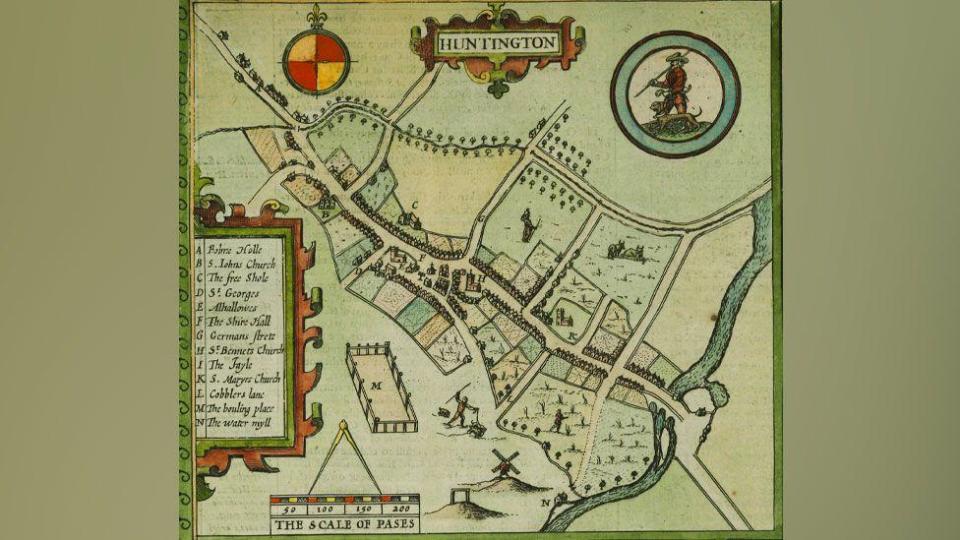 Coloured map of Huntingdon drawn in 1610 by John Speed