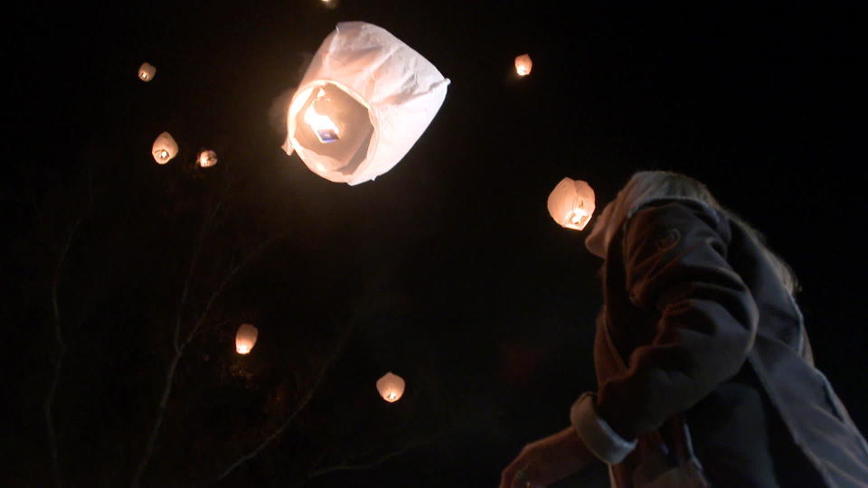 On Wishing Night, heartfelt messages in remembrance of Christian Andreacchio are written on lanterns and sent floating toward the heavens. / Credit: CBS News