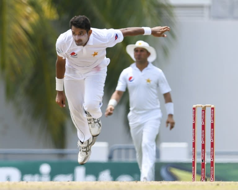 Mohammad Abbas of Pakistan bowing, taking 4 West Indies wickets for 56 runs during the 2nd day of the 2nd Test match between West Indies and Pakistan at Kensington Oval, Bridgetown, Barbados on May 1, 2017