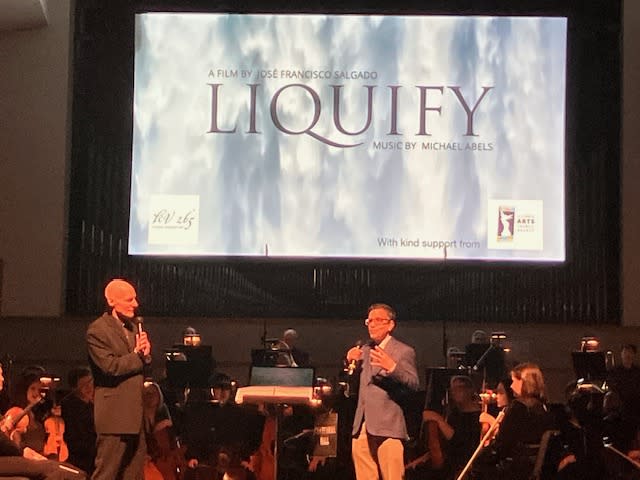 Jose Salgado (right) and Mark Russell Smith before the QCSO played “Liquify” at Centennial Hall, Rock Island, on Feb. 4, 2024 (photo by Jonathan Turner).