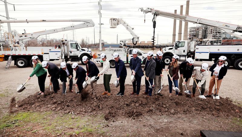 Dignitaries break ground for the new Rocky Mountain Power District offices in Salt Lake City on April 12, 2023. Gail Miller also announced plans to hopefully bring a Major League Baseball team to the area.