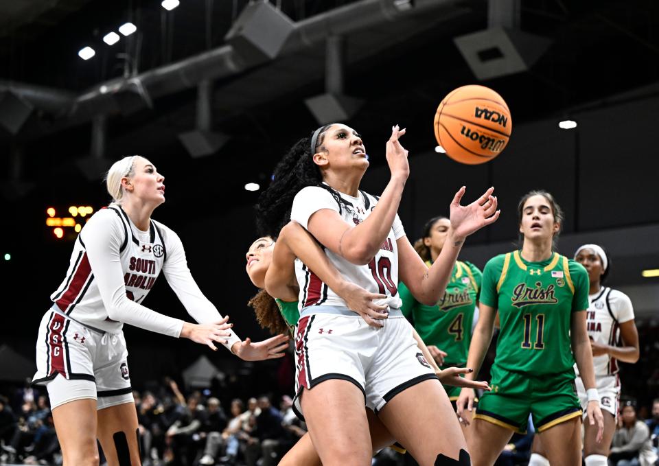 South Carolina center Kamilla Cardoso (10) battles for a rebound against the Notre Dame Fighting Irish during Monday's game in Paris.
