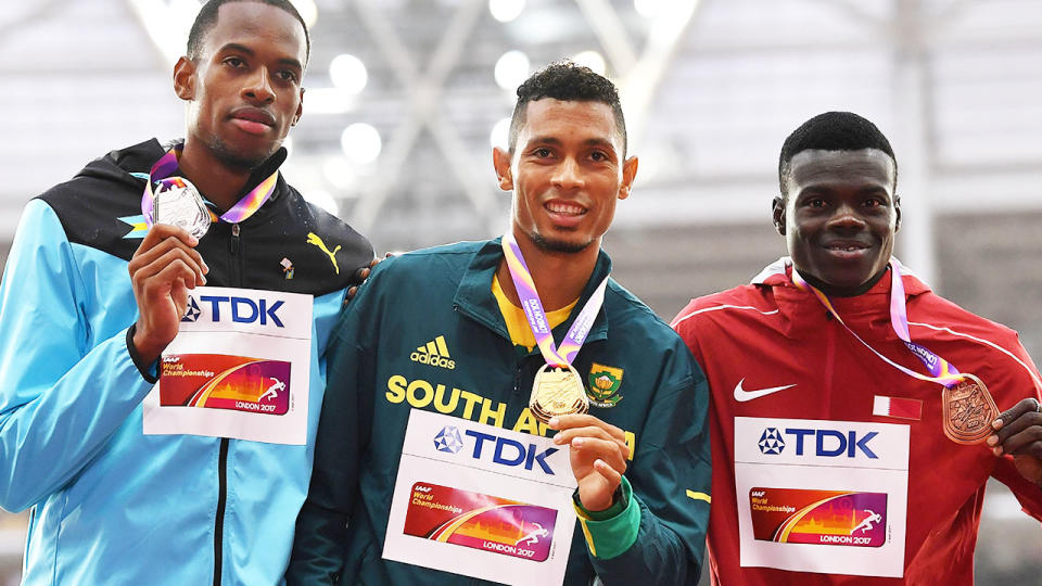 Abdalelah Haroun, pictured here with Steven Gardiner and Wayde Van Niekerk.