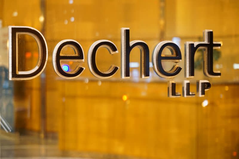 Dechert law firm logo is seen at the entrance to its office in Washington