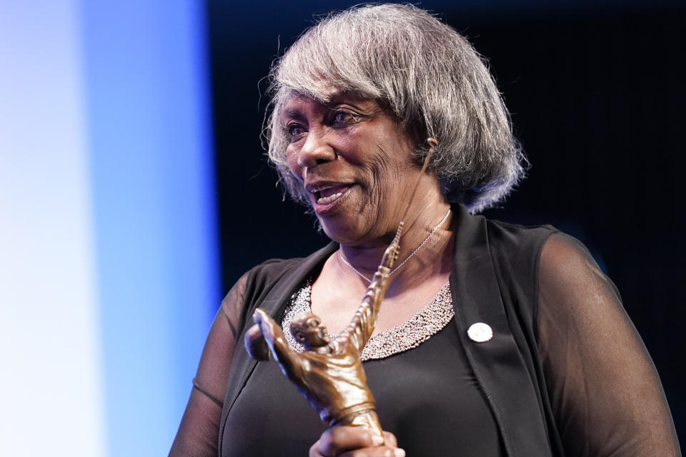 Renee Powell speaks after recieving the Charlie Sifford Award at the World Golf Hall of Fame ceremony Wednesday, March 9, 2022, in Ponte Vedra Beach, Fla. (AP Photo/Gerald Herbert)