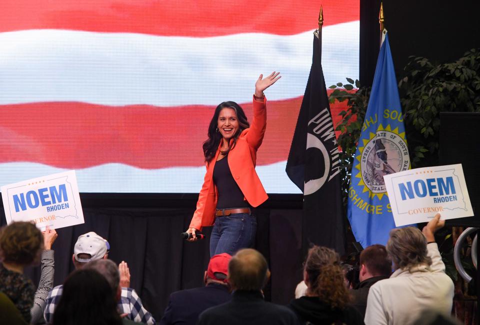 Tulsi Gabbard is introduced at a rally in support of Governor Kristi Noem on Wednesday, November 2, 2022, at the South Dakota Military Heritage Alliance in Sioux Falls.