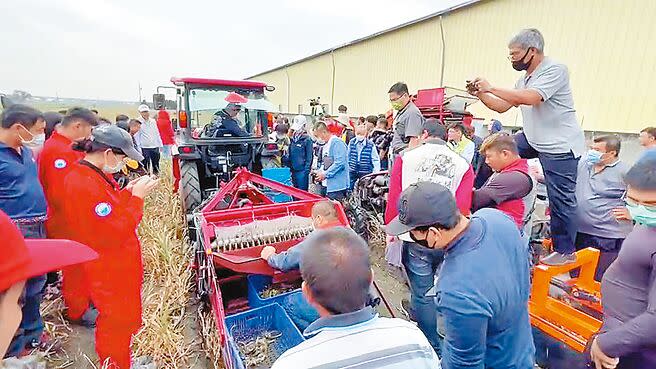 農委會昨日在雲林土庫辦理大蒜機械化採收觀摩活動，近百名農人圍觀，好奇機械能否採得像人一樣好。（周麗蘭攝）