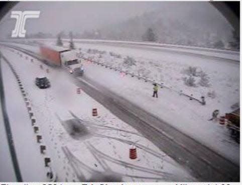 This Oregon Department of Transportation road camera image of the southbound Interstate 5 lanes at milepost 1, on Tuesday, March 28, 2023.