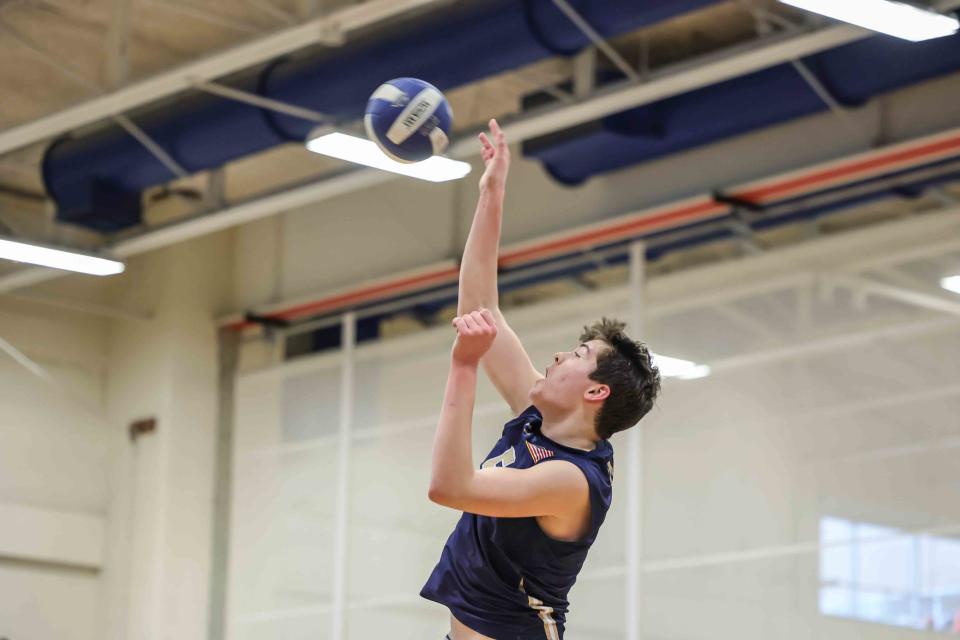 DMA's Reece Dodd (5) in action during a regular season volleyball match between Charter School of Wilmington and Delaware Military Academy on Friday March 31, 2023.