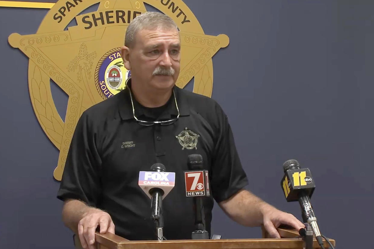 In this image taken from FOX Carolina livestream, Spartanburg County Sheriff Chuck Wright speaks at a news conference Monday, Oct. 31, 2022, in Spartanburg, S.C. Wright said there was no truth to a historically Black university president's accusations of racial profiling in a recent bus traffic stop. (FOX Carolina via AP)