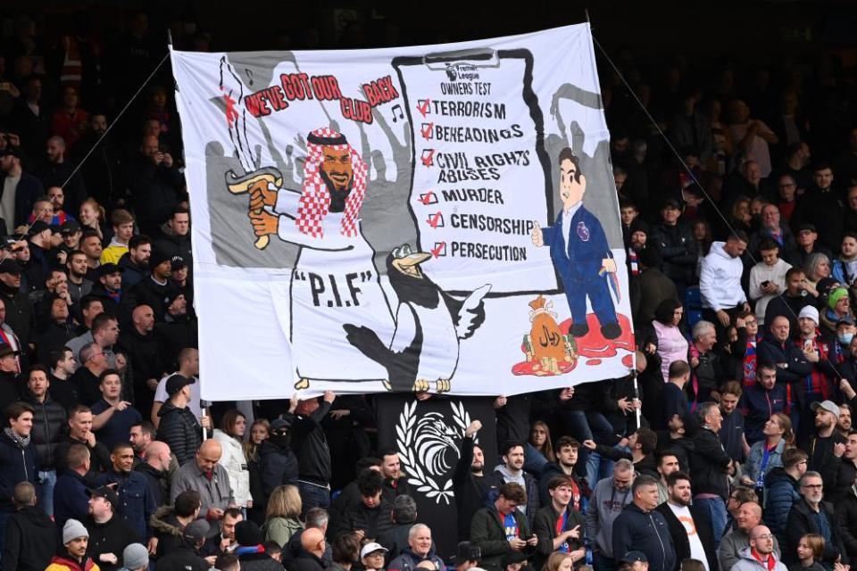 Crystal Palace fans let their feelings be known on the new owners of Newcastle United.