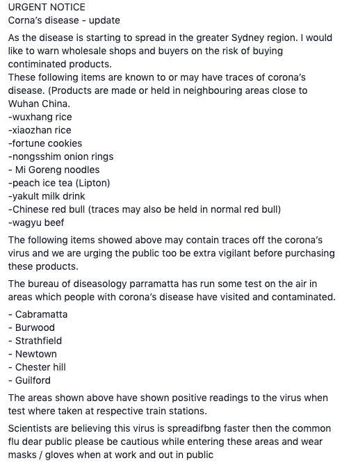 NSW Health issued a warning over this fake post about the coronavirus, which told people to avoid Mi Goreng noodles, Wagyu beef and Lipton peach ice tea.