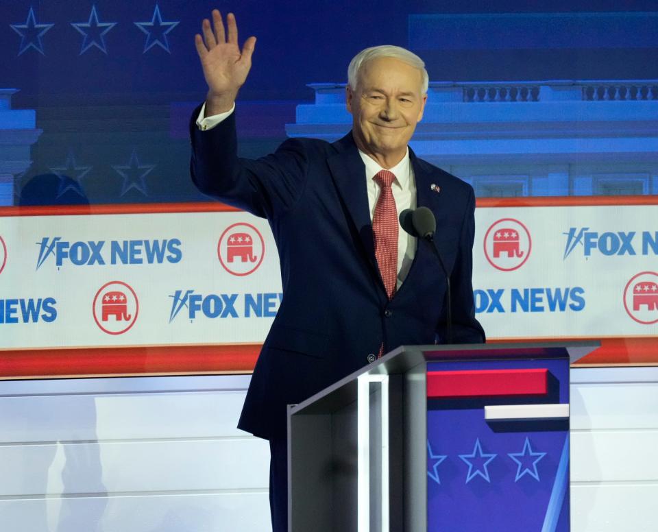 Republican presidential candidate former Arkansas Gov. Asa Hutchinson is introduced at Fiserv Forum during the first 2023 Republican presidential debate in Milwaukee on Wednesday, Aug. 23, 2023. He will appear at Exeter Town Hall in New Hampshire at 5 p.m. Tuesday, Oct. 10.