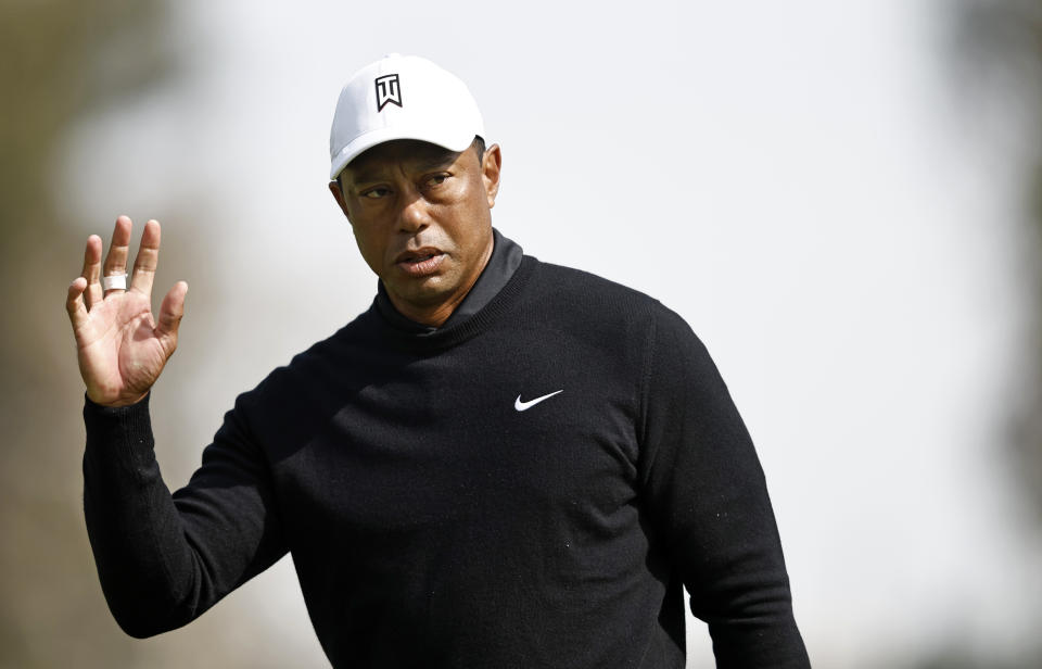 Seen here, Tiger Woods reacting to his putt on the fourth during the second round of the The Genesis Invitational. 