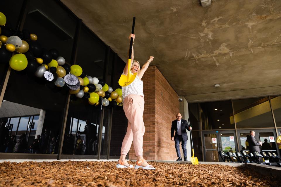 Robyn Ivins, founder of the food pantry at Cottonwood High School, celebrates during a groundbreaking event for a teen resource center at Cottonwood High School in Murray on Thursday, June 1, 2023. | Ryan Sun, Deseret News