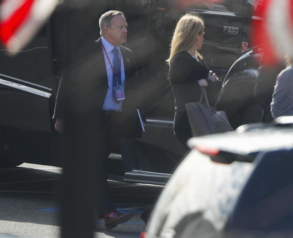 President-elect Donald Trump's White House press secretary Sean Spicer arrives for meeting at the Eisenhower Executive Office Building on the White House complex in Washington, Friday, Jan. 13, 2017. (AP Photo/Pablo Martinez Monsivais)