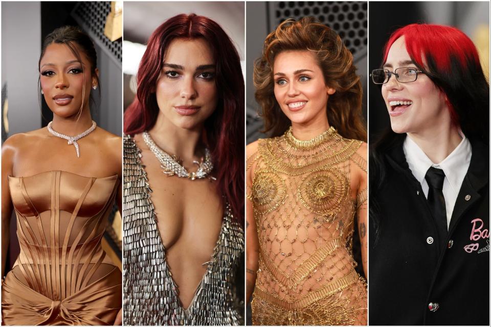 Victoria Monet, Dua Lipa, Miley Cyrus and Billie Eilish on the Grammys 2024 red carpet (Getty)