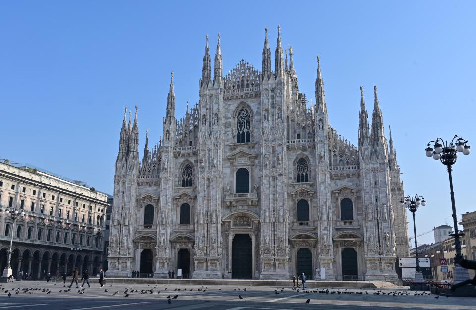 A picture shows a general view of an almost empty Piazza del Duomo in center Milan on November 7, 2020.