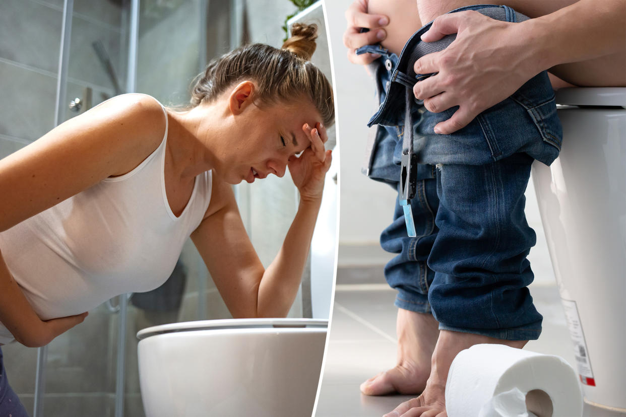 Young woman feeling sick and leaning on toilet.