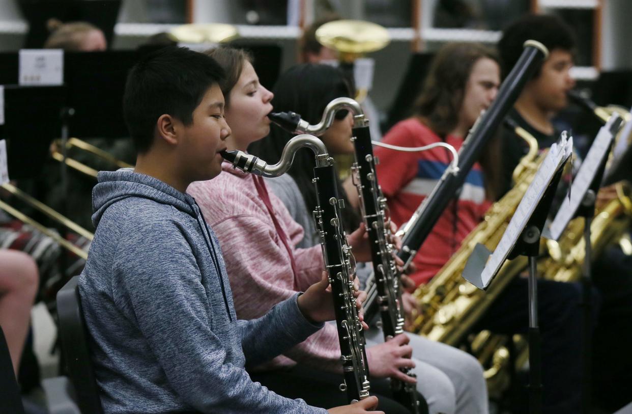 Ames Middle school band practices for upcoming concert at the school on Wednesday, April 24, 2024, in Ames, Iowa.