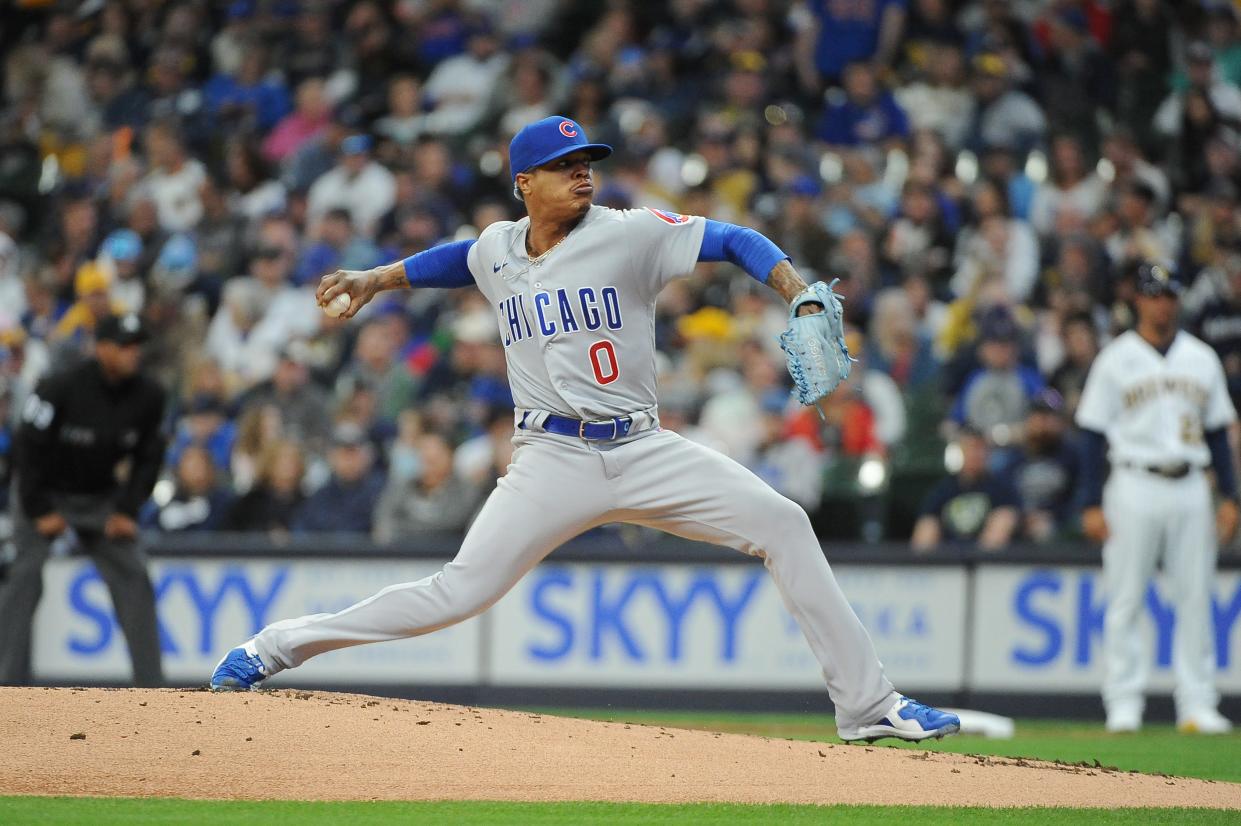 Chicago Cubs starting pitcher Marcus Stroman delivers a pitch in the third inning against the Milwaukee Brewers at American Family Field.