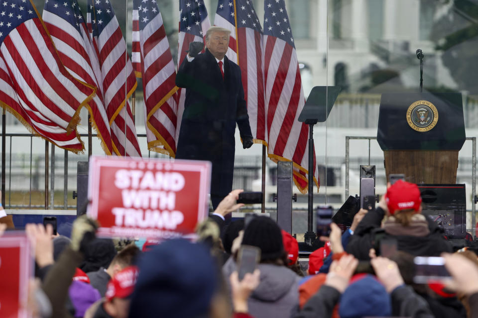 WASHINGTON, DC - JANUARY 06: President Donald Trump greets the crowd at the "Stop The Steal" Rally on January 06, 2021 in Washington, DC. Trump supporters gathered in the nation's capital today to protest the ratification of President-elect Joe Biden's Electoral College victory over President Trump in the 2020 election. (Photo by Tasos Katopodis/Getty Images)