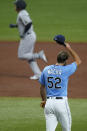 Tampa Bay Rays starting pitcher Michael Wacha (52) reacts as New York Yankees' Gio Urshela runs around the bases after his two-run home run during the third inning of a baseball game Sunday, April 11, 2021, in St. Petersburg, Fla. (AP Photo/Chris O'Meara)