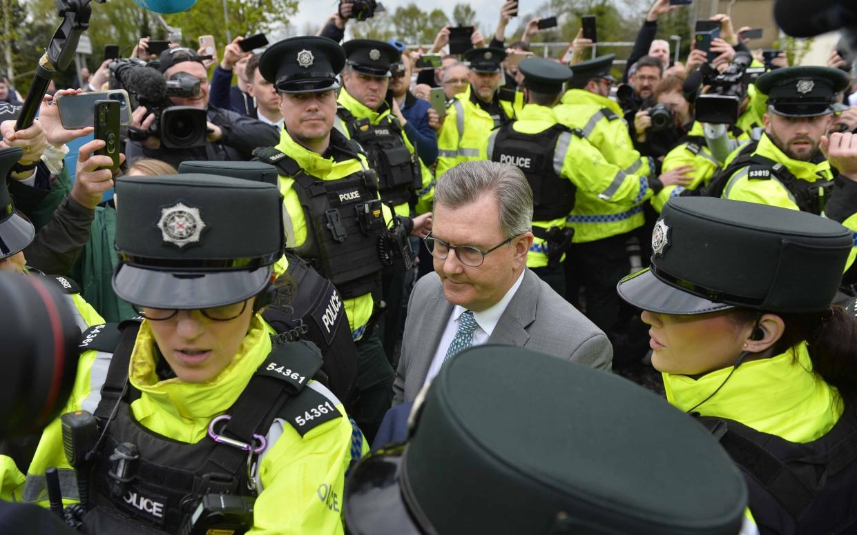 Sir Jeffrey Donaldson, the former DUP leader, appears in Newry for an earlier court hearing