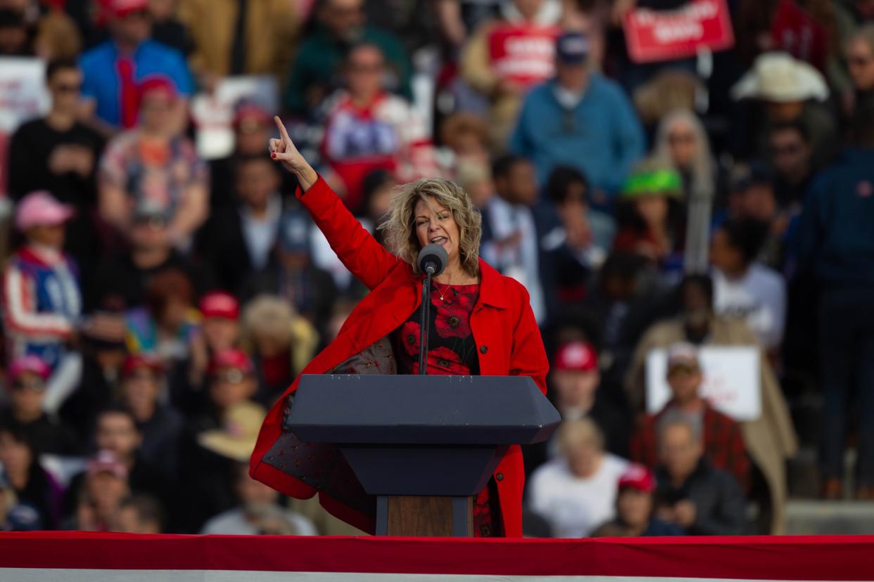 Kelli Ward speaks before the crowd at former President Donald Trump's Save America Rally in Florence, Ariz. on Saturday, Jan. 15, 2022.
