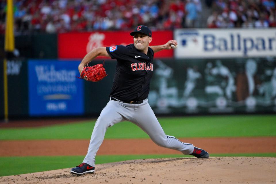 Cleveland Guardians starter Matthew Boyd (16) pitches against the St. Louis Cardinals on Sept. 21 in St. Louis.