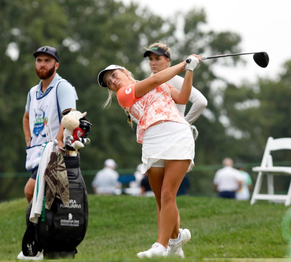 Crooksville native and New Albany sophomore Mia Hammond, 15, tees off on the 14th hole during the first round of the Kroger Queen City Classic on Sept. 7, 2023, at Kenwood Country Club in Cincinnati. Hammond was the only amateur to play in the event, which was her second LPGA event in the span of two months.