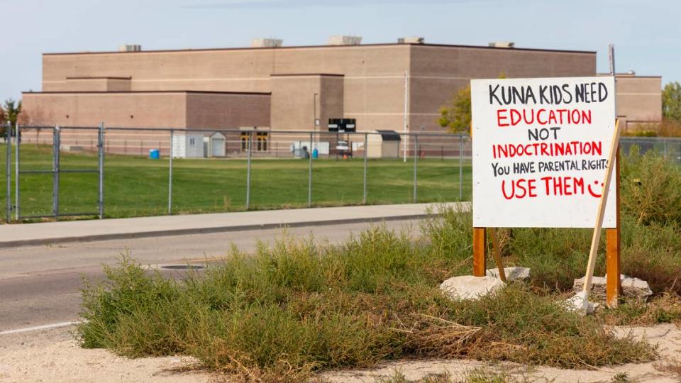 A sign stands across from Kuna High School on Oct. 13 near the intersection of East Porter Street where the school district office is located.