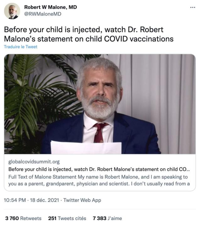 Attention à cette vidéo virale du médecin Robert Malone sur la vaccination  des enfants