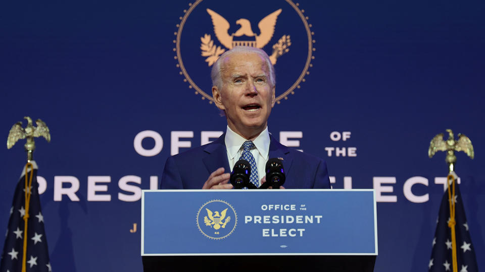 President-elect Joe Biden speaks to reporters about efforts to confront the coronavirus disease (COVID-19) pandemic after meeting with members of his Transition COVID-19 Advisory Board in Wilmington, Delaware, U.S., November 9, 2020. (Jonathan Ernst/Reuters)