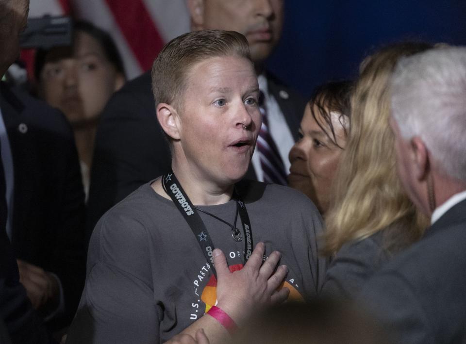 Heather Dulin, education program specialist at the George E. Wahlen Department of Veterans Affairs Medical Center, reacts after speaking with President Joe Biden after he delivered remarks on the one-year anniversary of passage of the PACT Act, the most significant expansion of benefits and services for toxic exposed veterans and survivors in over 30 years, at the George E. Wahlen Department of Veterans Affairs Medical Center in Salt Lake City on Thursday, Aug. 10, 2023. | Laura Seitz, Deseret News