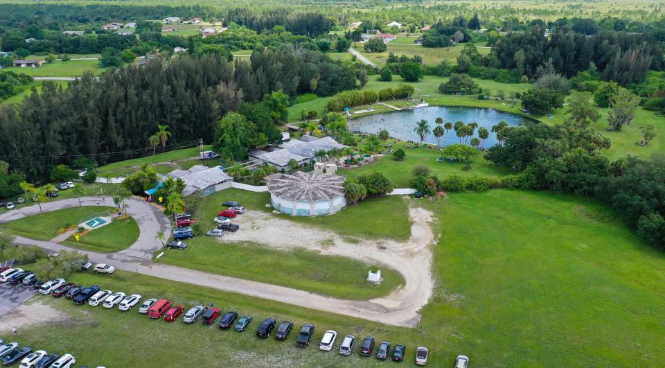 An aerial view of Warm Mineral Springs prior to Hurricane Ian. The three structures built for the 1959 state of Florida quadricentennial celebration at Warm Mineral Springs and the springs itself are part of the National Register of Historic Places.