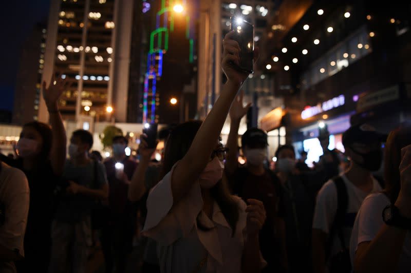 Demonstrators march during a protest in Hong Kong