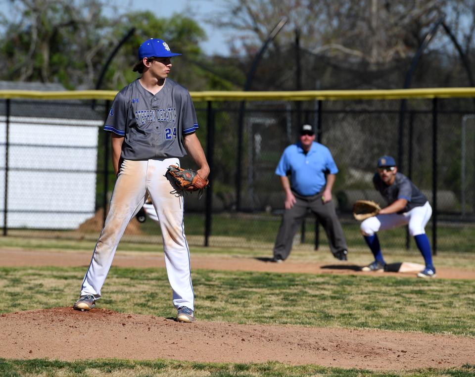 Decatur's Lukas Loring (24) pitches against Snow Hill Thursday, April 13, 2023, in Snow Hill, Maryland. The Seahawks defeated the Eagles 14-1.