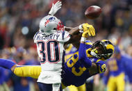 <p>Jason McCourty #30 of the New England Patriots defends a pass against Josh Reynolds #83 of the Los Angeles Rams in the first half during Super Bowl LIII at Mercedes-Benz Stadium on February 3, 2019 in Atlanta, Georgia. (Photo by Jamie Squire/Getty Images) </p>